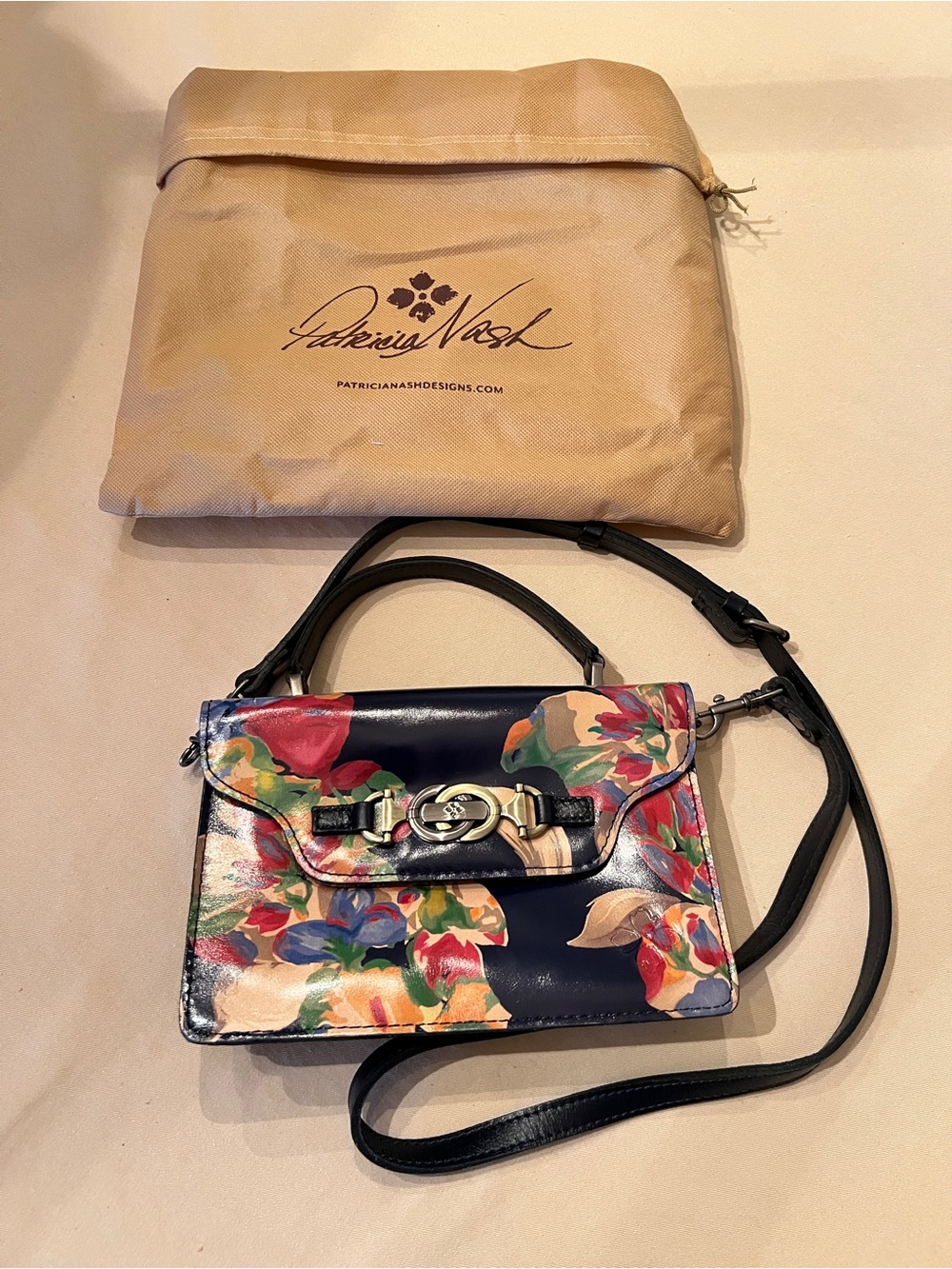 Patricia Nash Navy Floral Leather Top Handle/Crossbody Detachable Strap
